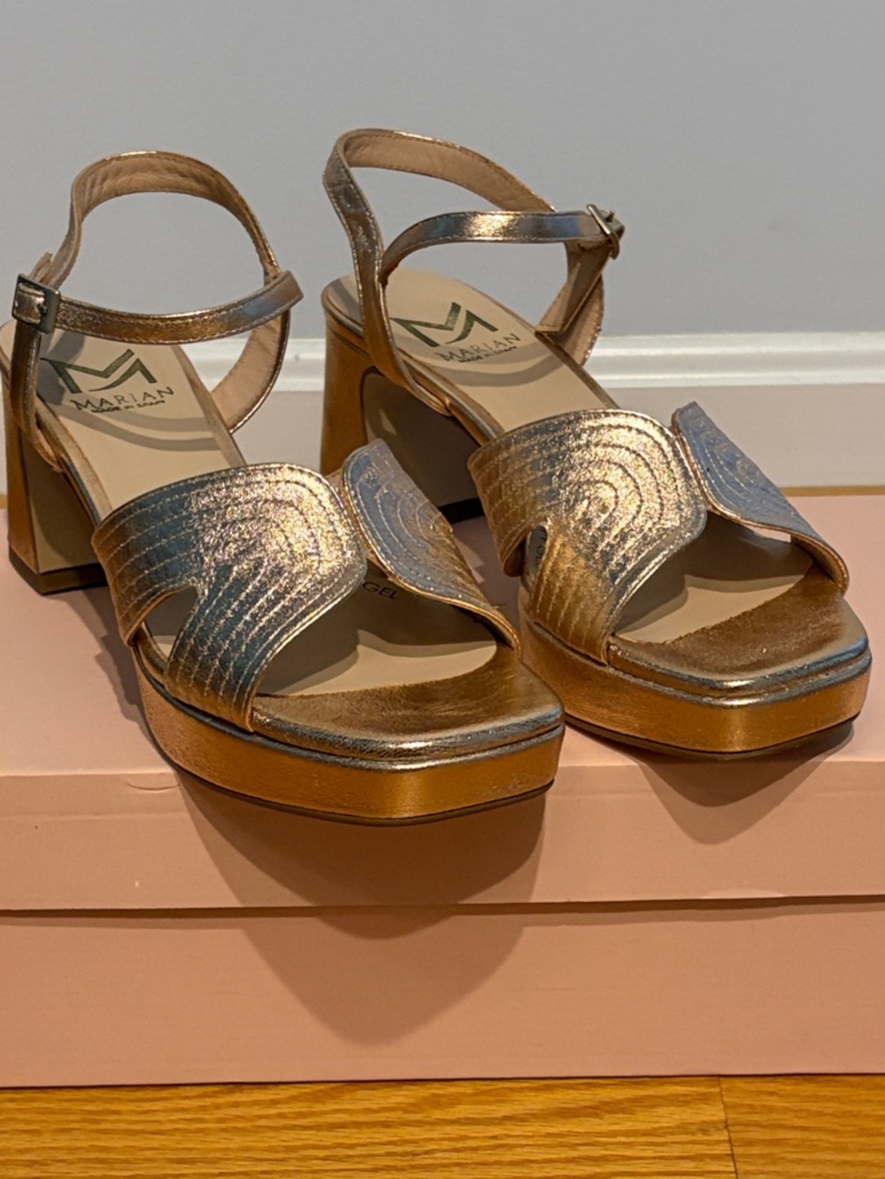 Mariana Rose Gold Block Heel Sandals with Ankle Strap